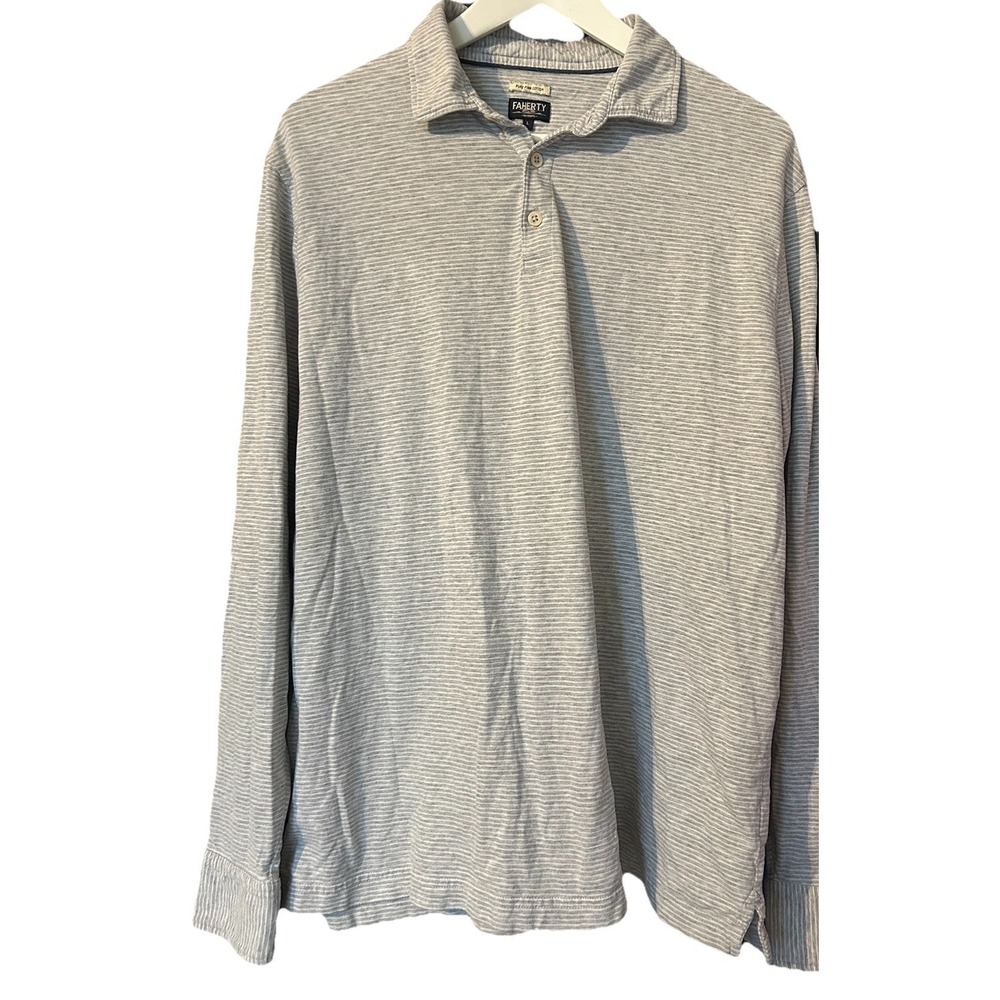Faherty Reserve Polo Shirt Gray White Striped Long Sleeve Pima Cotton Mens Large